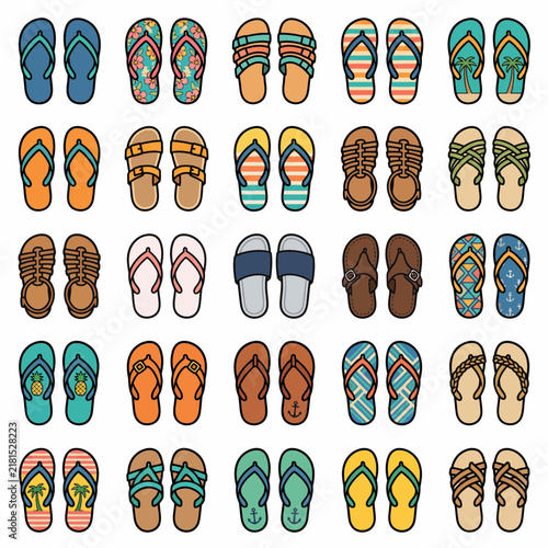 Colorful summer flip flops and sandals collection vector set