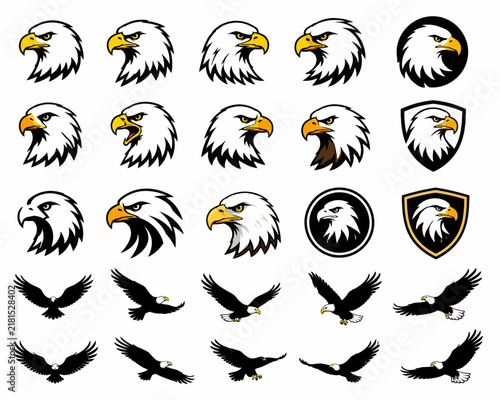 Eagle head logos and flying bird silhouettes set