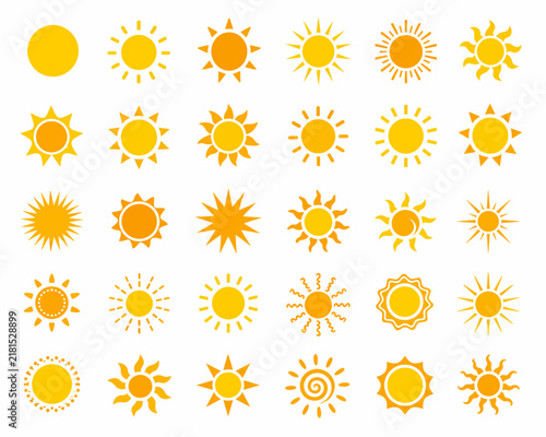 Yellow sun icon collection with different ray styles