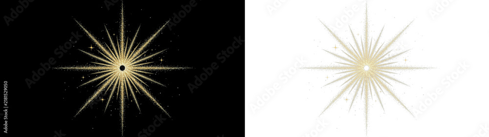 Fototapeta premium Golden glitter starburst light effect with sparkles, glowing rays and particles, festive design element for holiday celebration, luxury abstract background isolated on transparent background