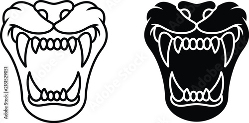 Set of black and white panther head illustrations with open mouths and sharp fangs.
