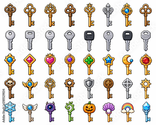 Large set of vintage modern and fantasy game keys in vector style