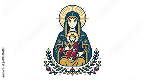 Stylized Illustration of Virgin Mary Holding Baby Jesus.