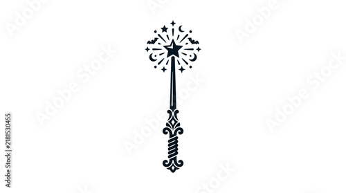 Elegant magic wand illustration with celestial symbols and star details.
