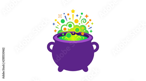 Purple witches cauldron with bubbling neon magic potion.
