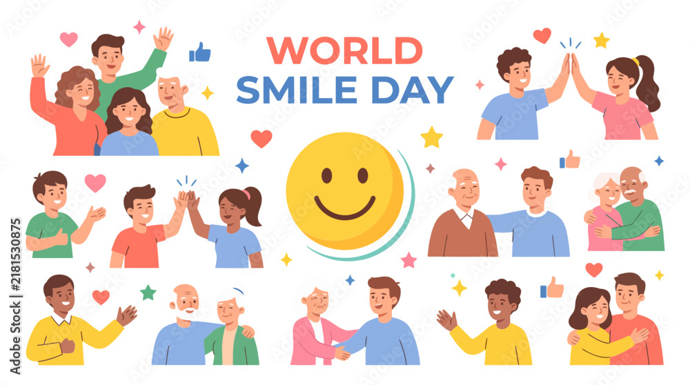 Fototapeta premium World Smile Day design with smiley face and diverse happy people