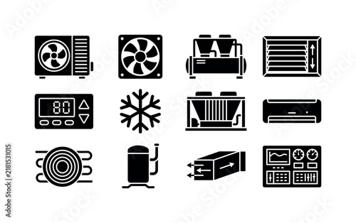 HVAC Cooling Systems, solid glyph icon set featuring air conditioner condenser, fan, chiller, ventilation grille, thermostat, snowflake, factory unit, office AC, heat exchanger, compressor, duct and
