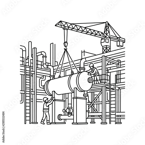 Construction workers install a horizontal industrial pressure vessel with a crane at a chemical facility.