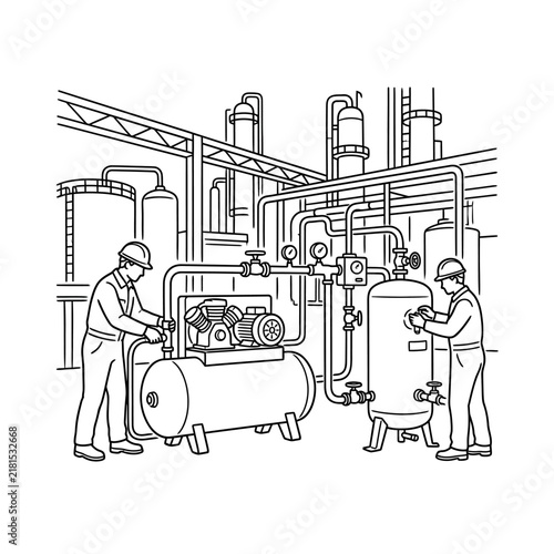 Factory technicians adjust valves and equipment inside a chemical processing plant.