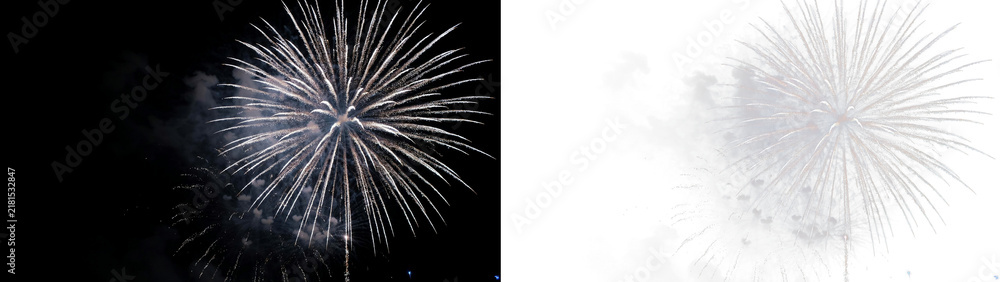 Obraz premium Stunning white firework display exploding in the night sky, capturing the vibrant streaks of light and smoke trails during a festive celebration or holiday event isolated on transparent background