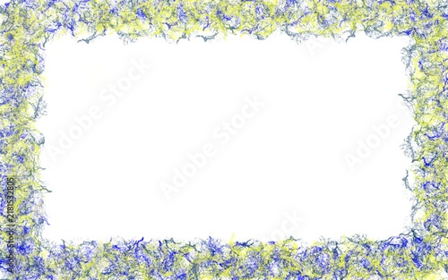 White center background with a yellow and blue frame featuring chaotic abstract patterns and irregular colorful details.