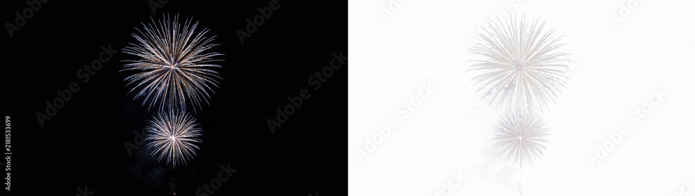 Obraz premium Two beautiful bright fireworks explosions in the night sky, vibrant colorful light trails radiating from the center, festive celebration display, high contrast image isolated on transparent background