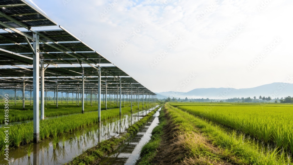 Fototapeta premium Agrivoltaic Solar Panels Over Rice Fields in Rural Farmland