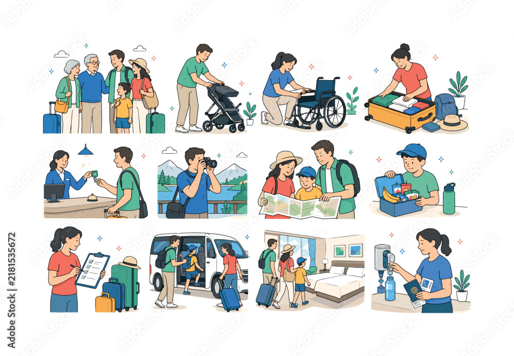 Fototapeta premium Multi Generational Travel. Family journeys, grandparents, parents, children, strollers, wheelchairs, luggage, hotels, photography, maps, snacks, vehicles, family rooms, hydration, and passports. 12