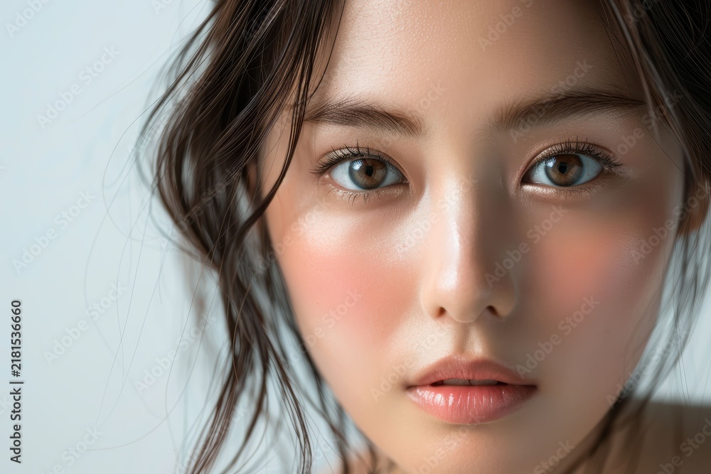Fototapeta premium A Japanese woman is captured with a soft, fresh look in a relaxed pose, minimal makeup highlighting her natural beauty and youthful charm.