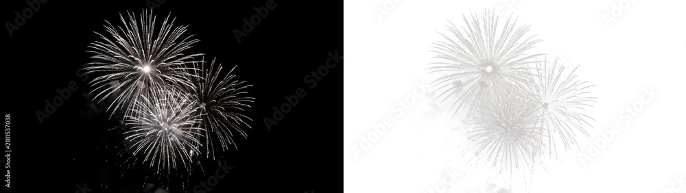 Fototapeta premium Beautiful white fireworks display in the night sky, festive celebration with bright sparkling light bursts, explosive pyrotechnic show for holiday events isolated on transparent background