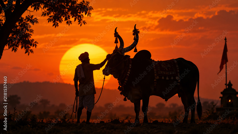 Obraz premium Indian Farmer with Decorated Bull at Sunset during Bail Pola Festival
