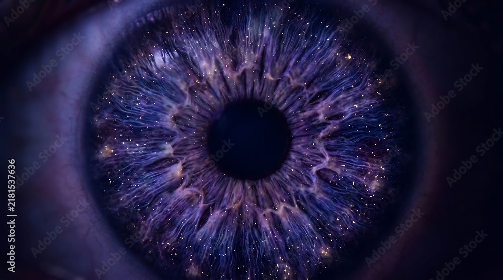 Fototapeta premium Close-up of a human blue eye iris with a galaxy universe cosmos and stars inside