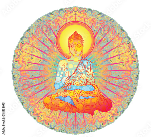 Acid Lord Buddha, ornate mandala round pattern mushroom illustration. Esoteric vintage vector illustration. Indian, Buddhism, spiritual art. Hippie tattoo, spirituality, rave party poster.