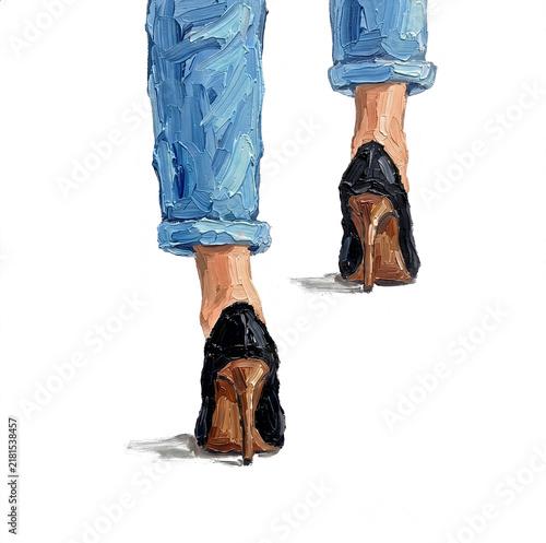 Impressionist Oil Painting Legs In Blue Jeans And Black Heels Fashion Art