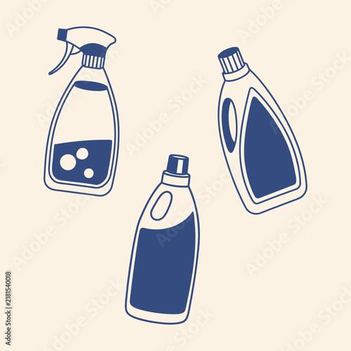 Cleaning products icons. Hand drawn illustration of a cleaning bottles. Minimalist blue line art.