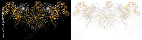 Set of golden and white fireworks explosions on black and transparent backgrounds, festive celebration elements for new year, christmas, or holiday greeting card design