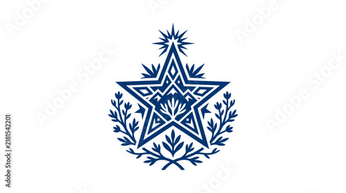 Intricate Blue Star Emblem with Decorative Botanical Flourishes.
