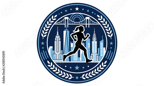 Silhouette of a female runner against a city skyline in a circular emblem.
