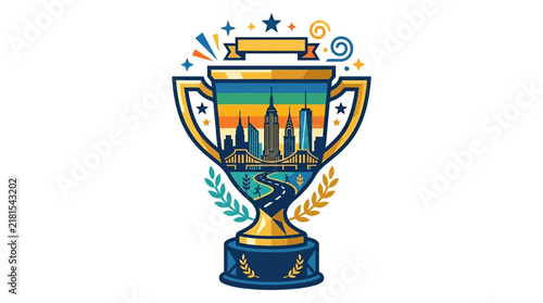 Illustrated trophy cup featuring a colorful New York City skyline silhouette inside.