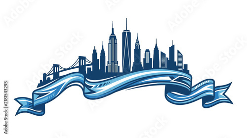 Stylized New York City skyline illustration with decorative ribbon banner.