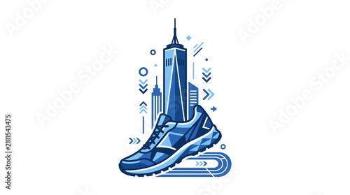 Illustration of a running shoe with New York City skyscraper skyline.