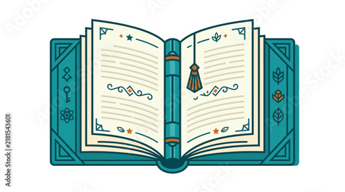Open vintage spellbook with ornate teal cover and decorative pages.