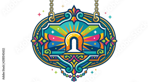 Vibrant Stained Glass Style Decorative Hanging Sign with Central Archway Symbol.