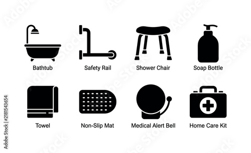 Senior Hygiene Assistance, solid glyph icon set featuring bathtub, safety rail, shower chair, soap bottle, towel, non-slip mat, medical alert bell, home care kit, covering elderly hygiene, assisted