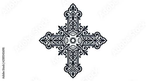 Ornate Christian cross symbol with intricate decorative floral filigree patterns.