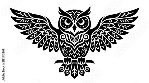 Intricate tribal style owl illustration with spread wings.