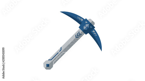 Futuristic Blue Metallic Pickaxe Tool Isolated on White.