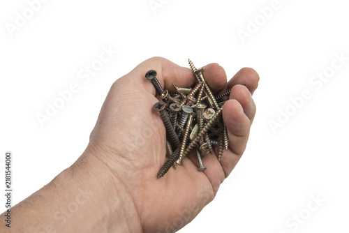 A hand is holding a pile of assorted screws.