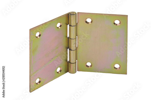 A yellow metal door hinge