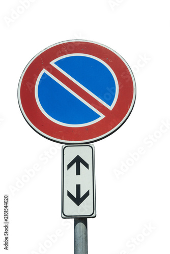 Cuadro en lienzo A traffic sign indicates no stopping, with an additional sign below showing arrows pointing in opposite directions