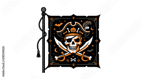 Spooky Halloween Pirate Flag with Skull and Crossbones Illustration.