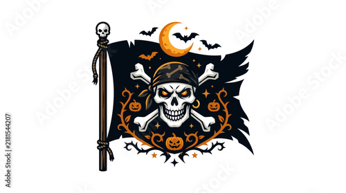 Spooky Halloween Pirate Flag with Skull and Crossbones Illustration.