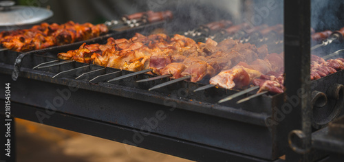 Meat skewers grilling on barbecue with smoke rising. Shashlik roasting over charcoal grill. Street food cooking, picnic and outdoor barbecue concept.