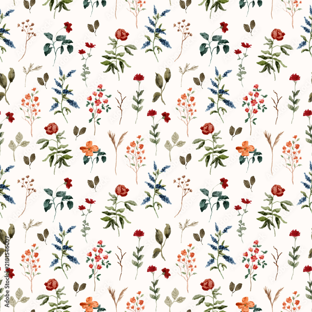 Obraz premium red orange wildflower watercolor seamless pattern