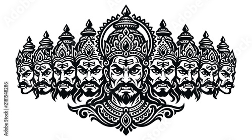 Ravana ten headed demon king illustration black and white.