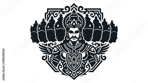 Stylized Illustration of Ravana with Ten Heads and Ornate Armor.