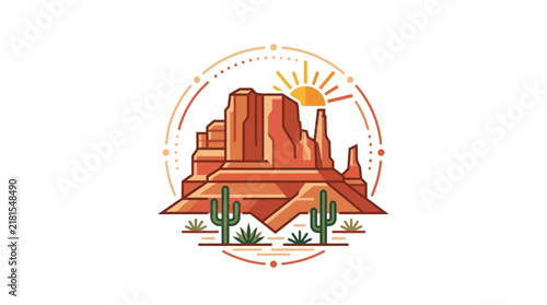 Illustration of Arizona desert landscape with mesas and saguaro cacti.