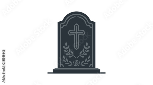 Flat vector illustration of a grey granite gravestone with cross and floral carvings.