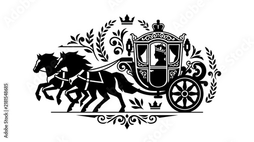Black and white illustration of a royal horse-drawn carriage with a silhouette of a queen.