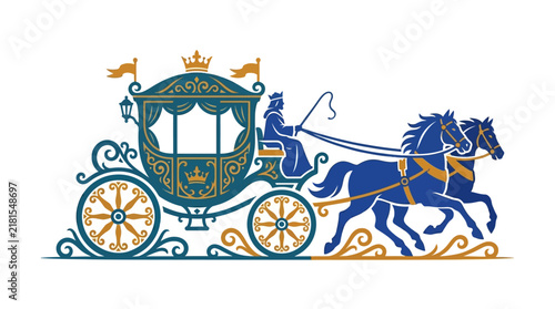 Elegant blue royal carriage with two horses pulling it.